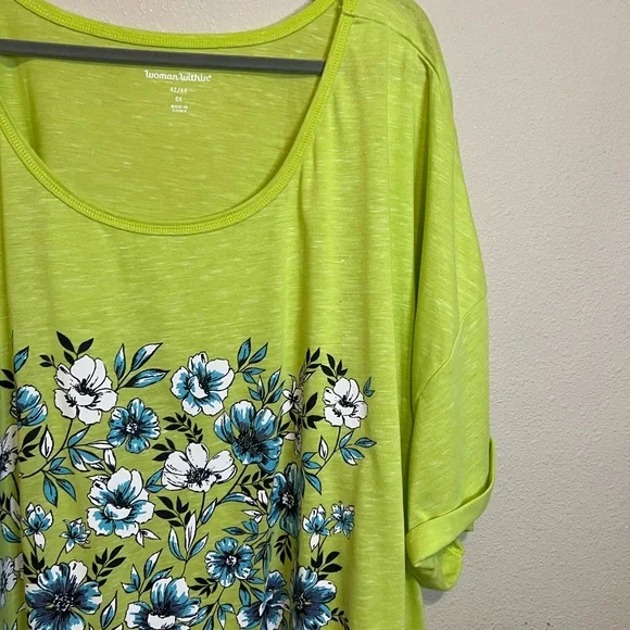 Woman Within Lime Green Floral Short Sleeve Top. 6X - Picture 2 of 5